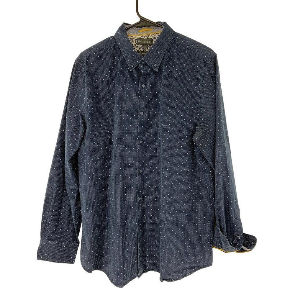 Men Wall Street Button Dot Contrast Navy Shirt Long Sleeve Classic Fit L 3915